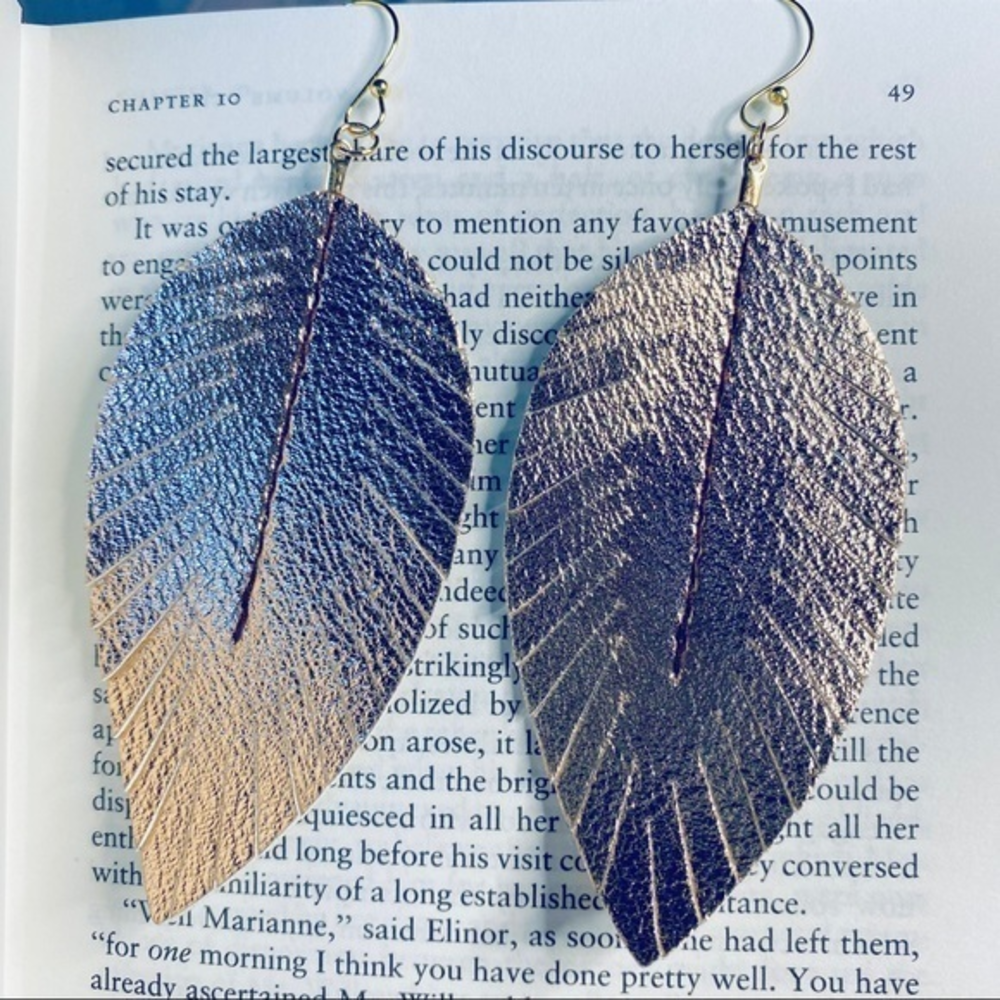 Handmade rose gold faux leather feather 14k plated‎ earrings